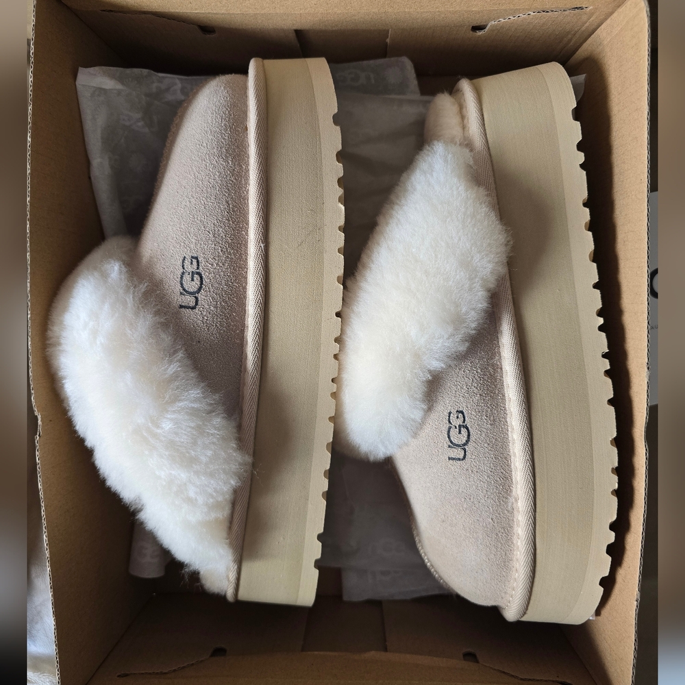 UGG Beige Fluffy Platform Slippers